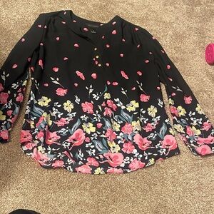 Investments Black Henley Blouse with Pink & Yellow Floral Border